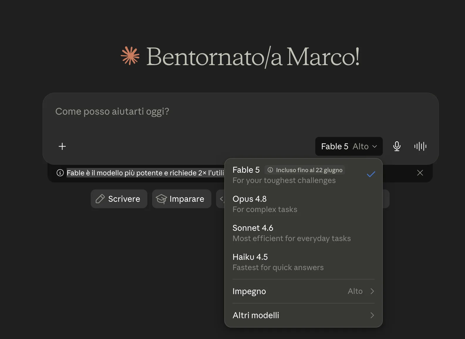 Claude Fable 5 selectable in Claude's model picker